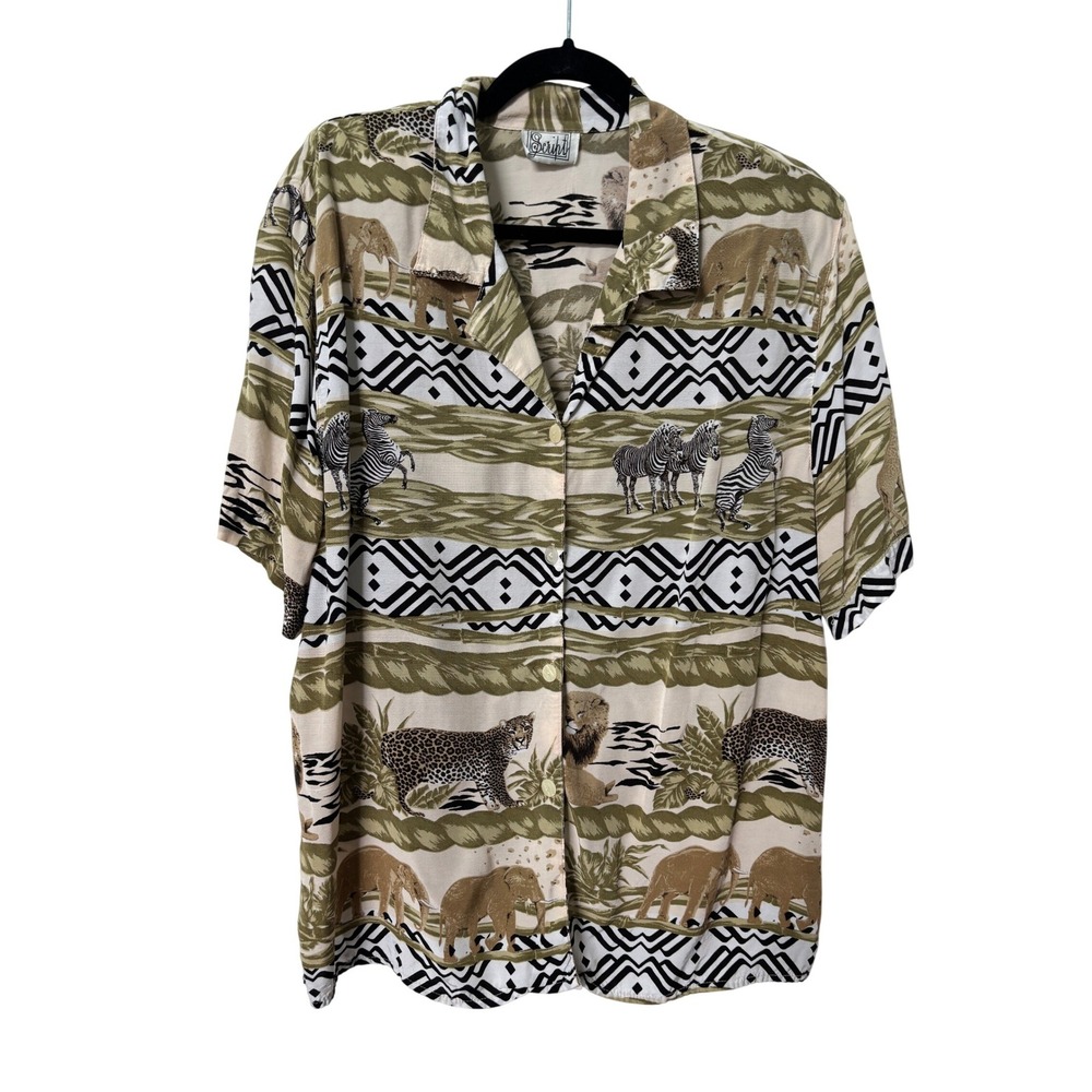 Vintage Script Safari Animal Print Button Up Shirt Short Sleeve Green Tan 90s
